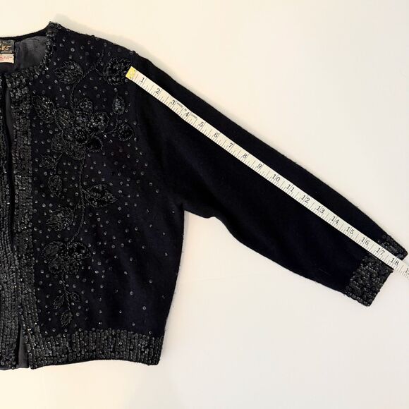 Cyn Les Vintage 1950's Lambs Wool & Angora Sequin Beaded Knit Cardigan Black 40 - Picture 8 of 15